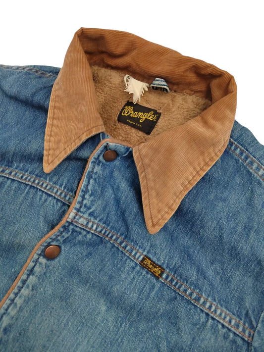 Vintage Wrangler Sherpa Lined Denim Jacket with Corduroy Collar - Made in USA